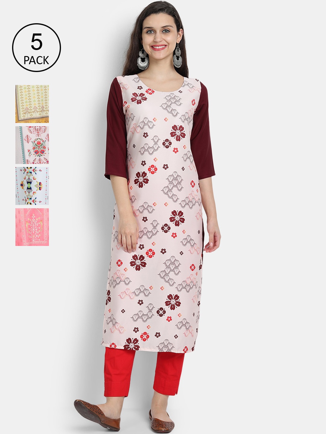

7Threads Women Set of 5 Ethnic Motifs Printed Crepe Kurta, Multi