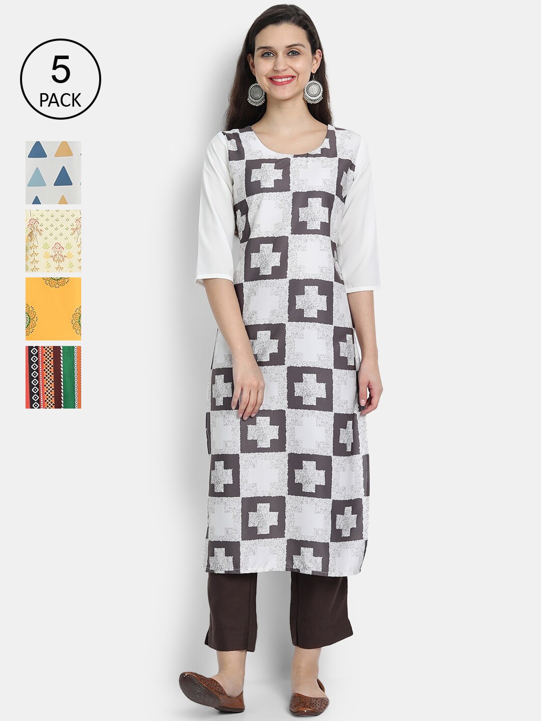 

7Threads Women Pack of 5 Geometric Printed Crepe Kurta, White