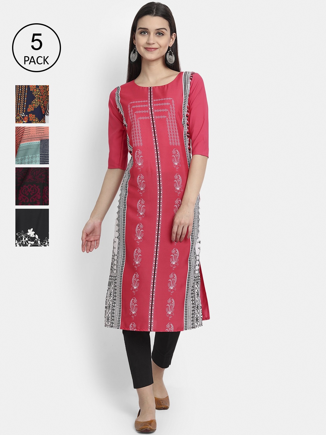 

7Threads Women Pack Of 5 Printed Crepe Kurta, Pink