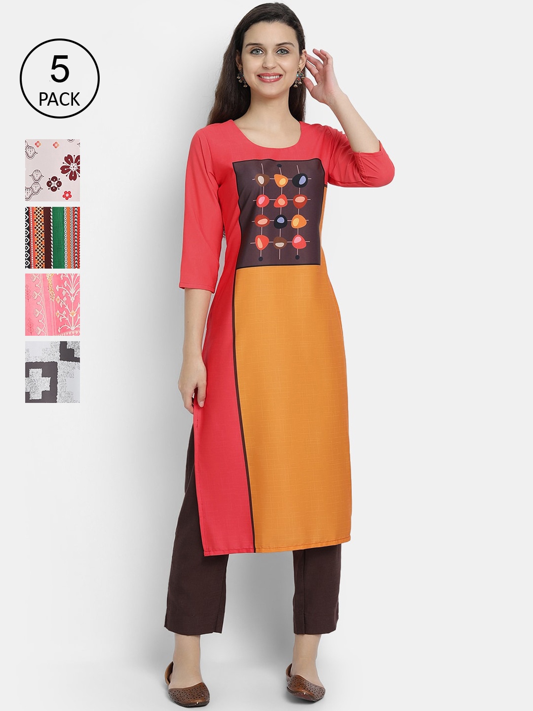 

7Threads Women Pack Of 5 Multicoloured Ethnic Motifs Printed Crepe Kurta, Multi