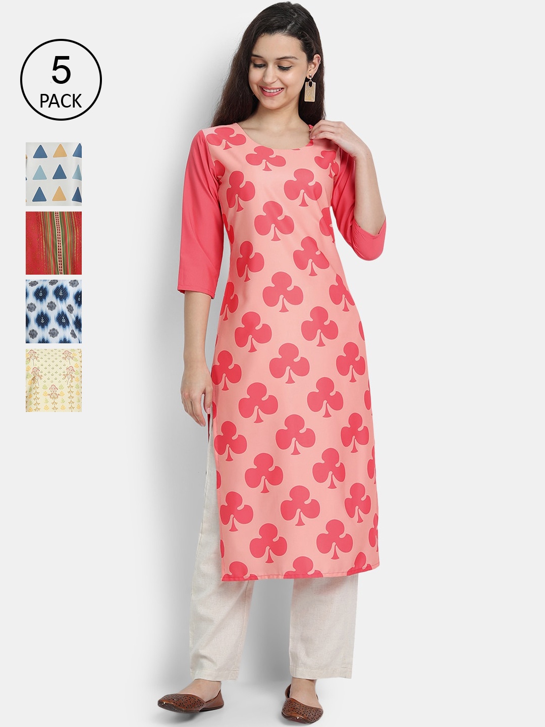 

7Threads Women Pack Of 5 Printed Crepe Kurtas, Pink