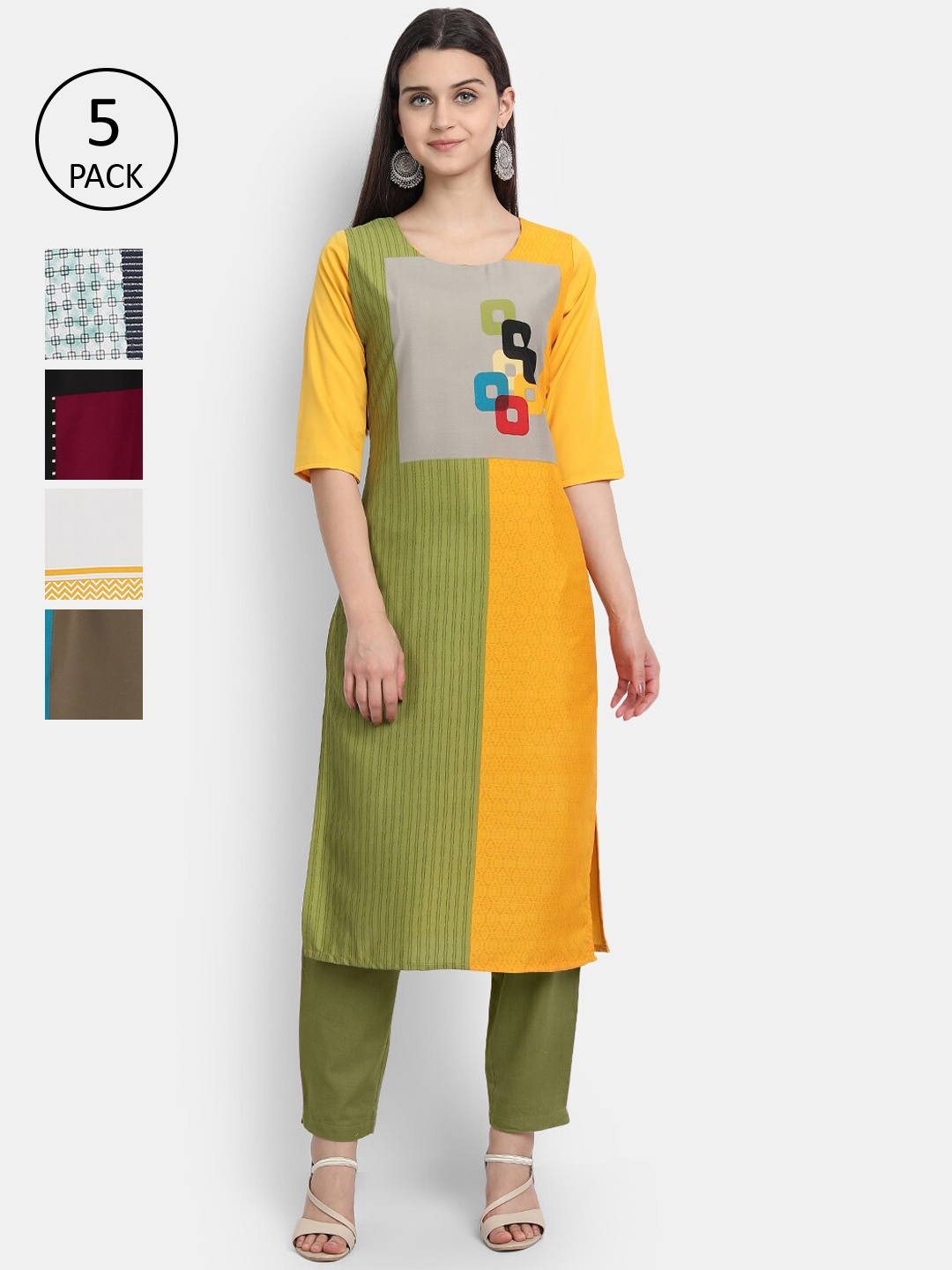 

7Threads Women Pack of 5 Ethnic Motifs Printed Crepe Kurta, Green