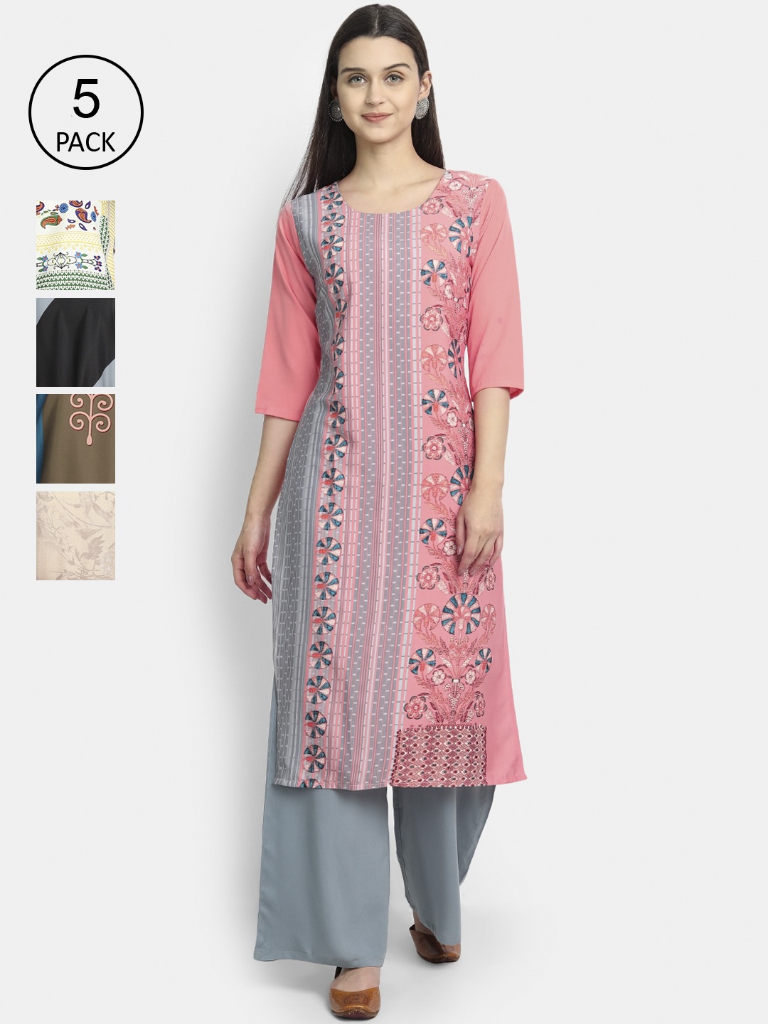 

7Threads Woman Pack of 5 Multicoloured Geometric Printed Crepe Kurta, Multi