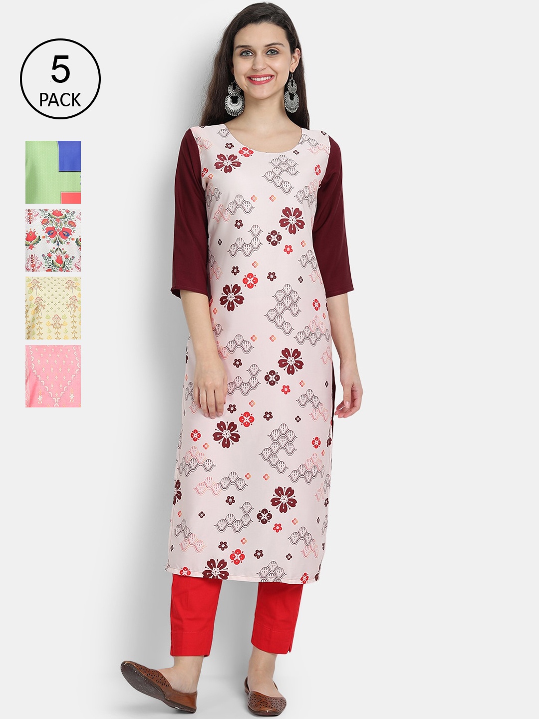 

7Threads Pack of 5 Women Printed Crepe Kurta, Multi