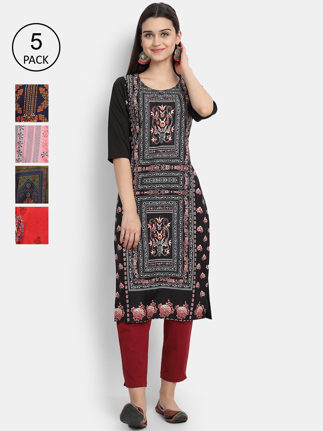 

7Threads Women Pack of 5 Multicoloured Printed Straight Kurta, Multi