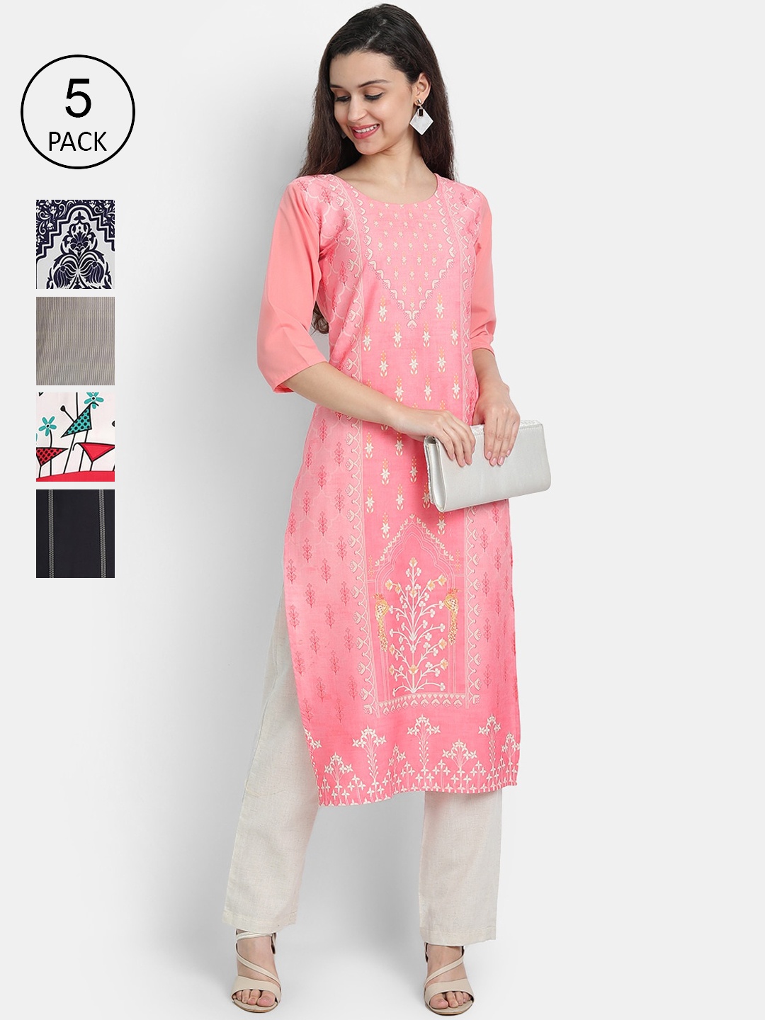 

7Threads Women Pack Of 5 Printed Crepe Kurtas, Pink