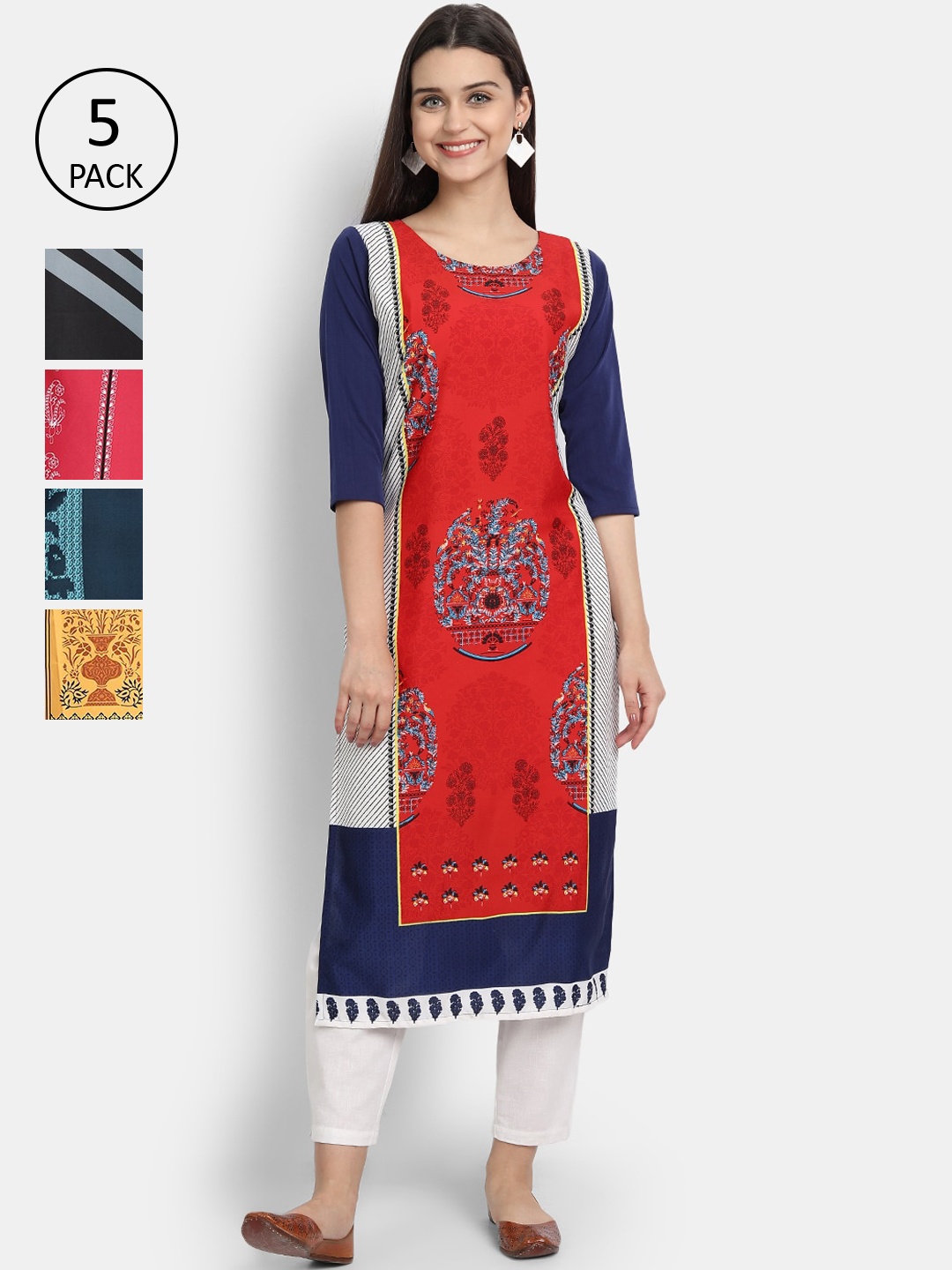 

7Threads Woman Pack of 5 Multicoloured Geometric Printed Crepe Kurta, Multi