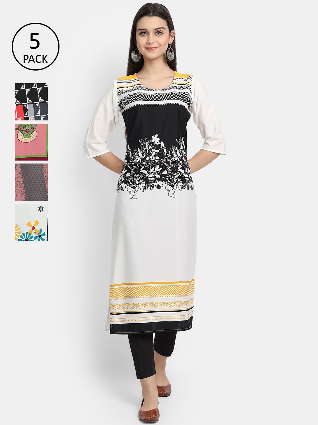 

7Threads Women Pack of 5 Multicoloured Printed Crepe Straight Kurtas, Multi