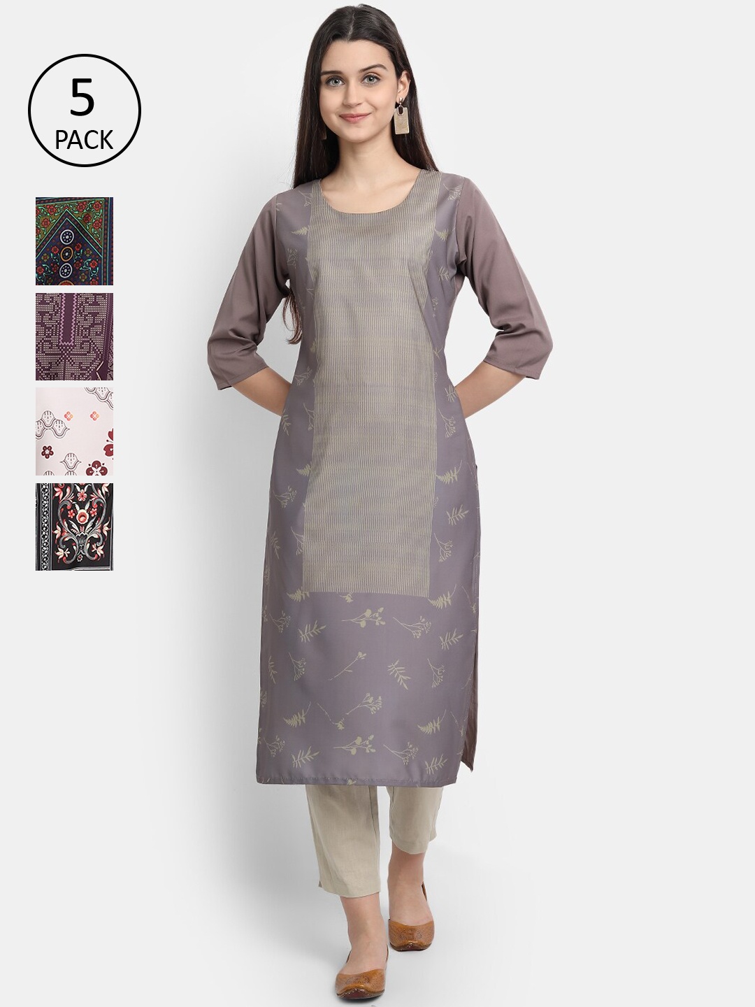 

7Threads Women Set of 5 Ethnic Motifs Printed Crepe Kurta, Multi
