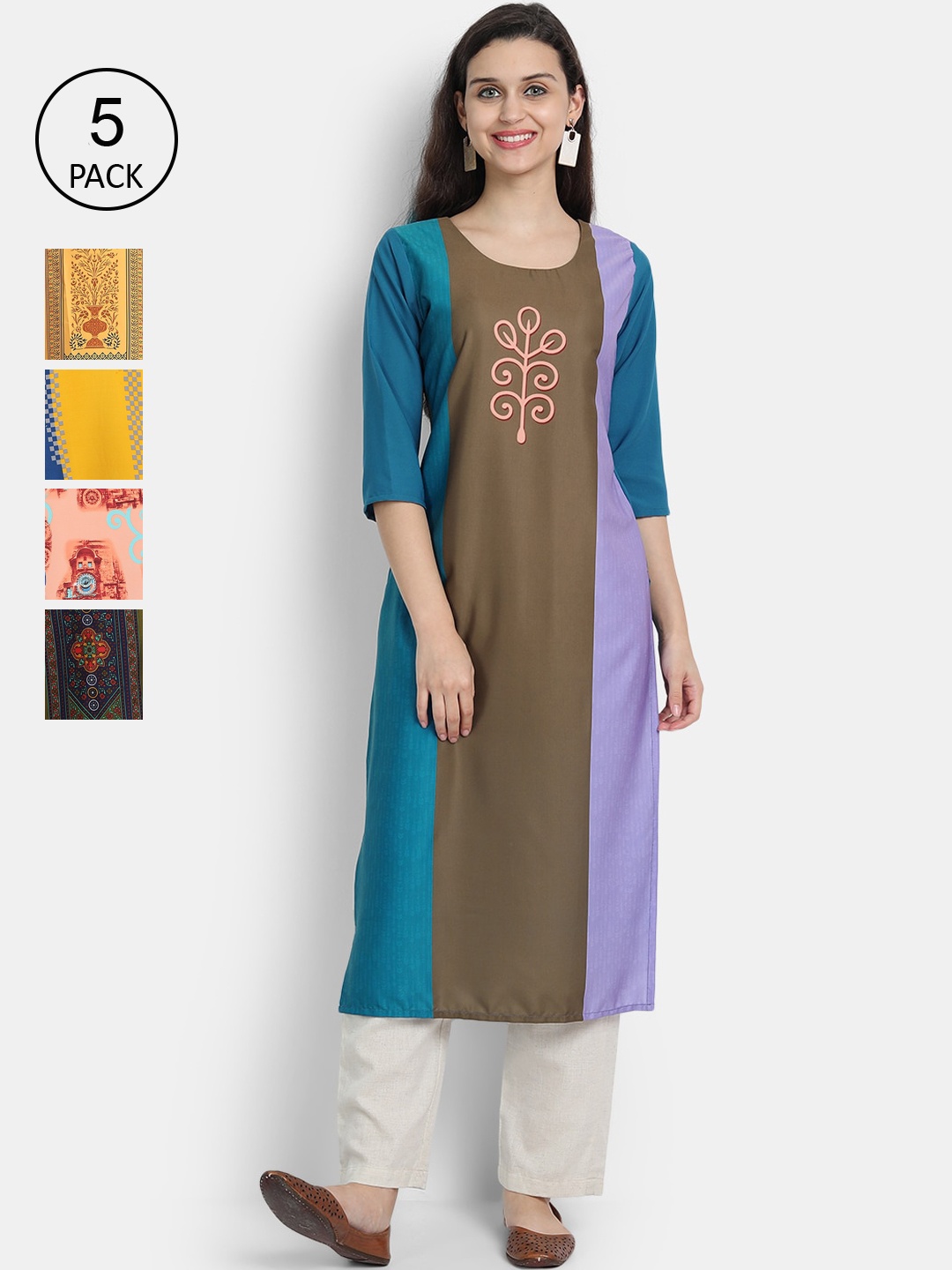 

7Threads Pack of 5 Women Printed Crepe Kurta, Multi