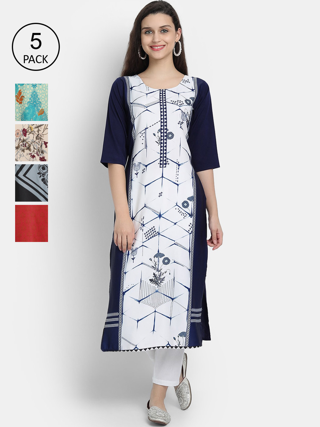 

7Threads Women Pack Of 5 Printed Crepe Kurta, Blue