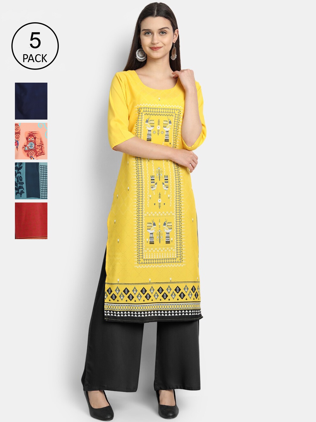 

7Threads Women Pack of 5 Ethnic Motifs Printed Crepe Kurta, Yellow