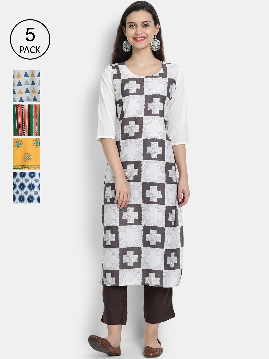 

7Threads Women Pack Of 5 Multicoloured Geometric Printed Thread Work Crepe Kurta, Multi