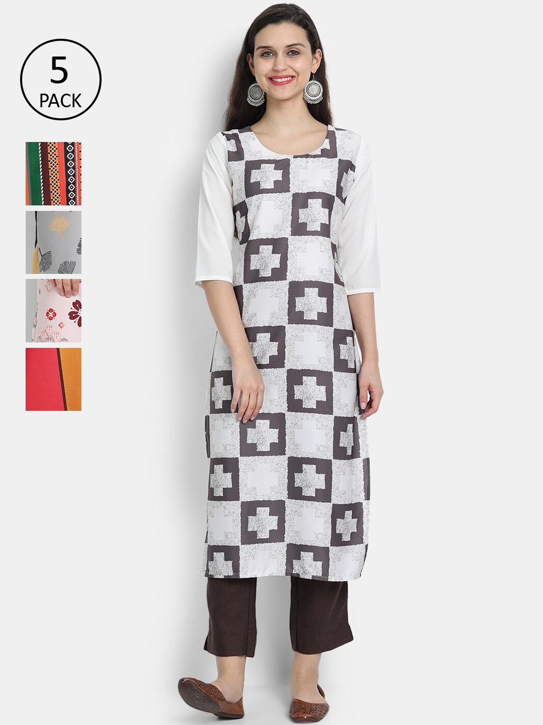 

7Threads Women Pack of 5 Floral Printed Crepe Kurta, White