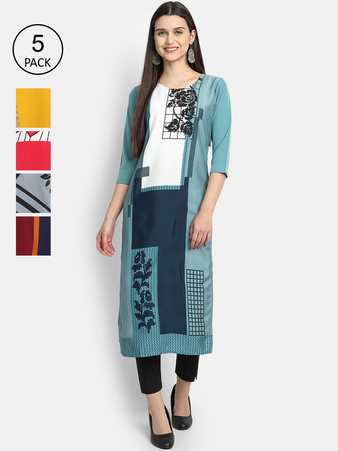 

7Threads Women Set of 5 Multi Colourblocked Printed Crepe Kurta