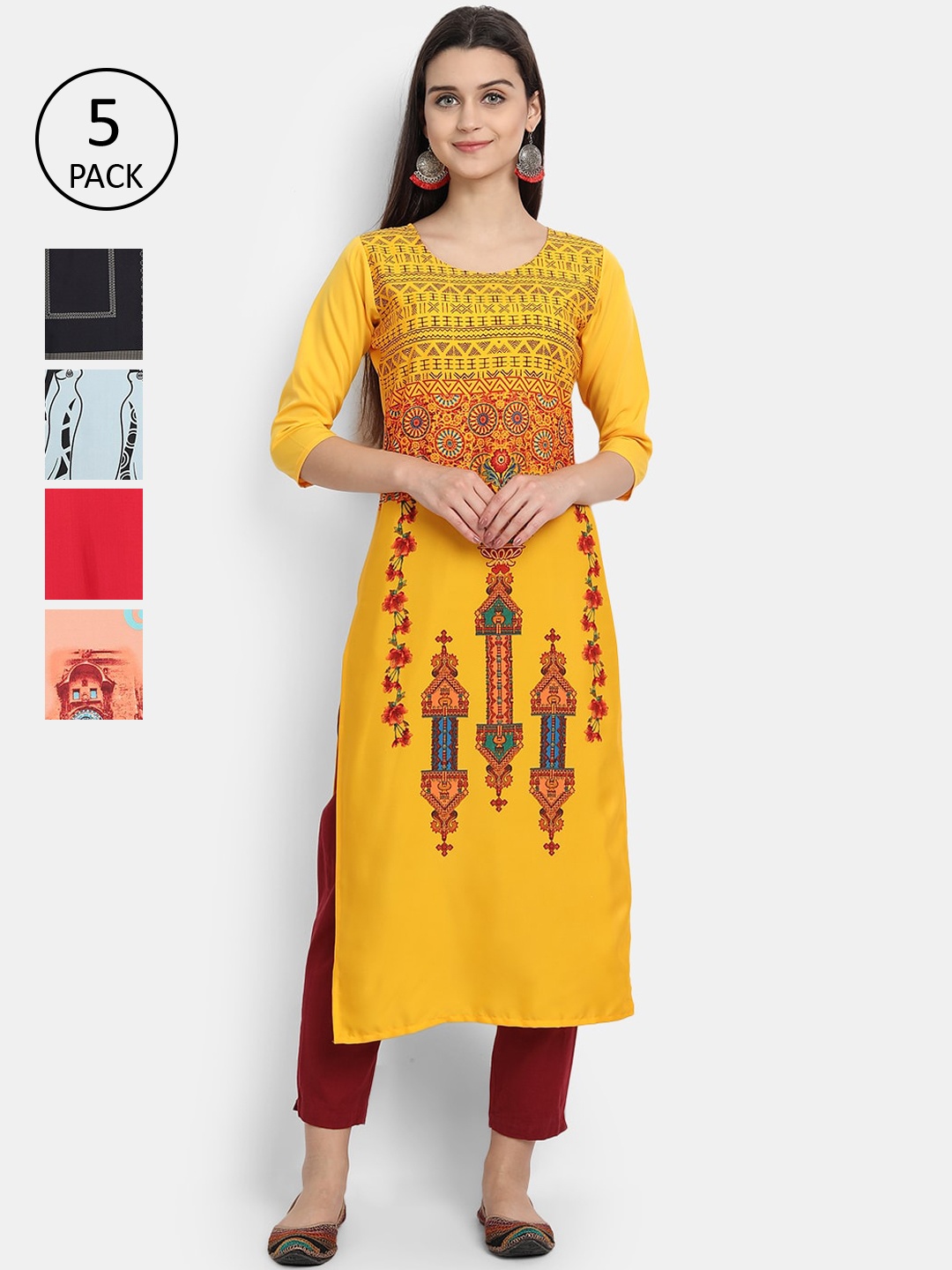 

7Threads Women Pack of 5 Multicoloured Printed Crepe Straight Kurtas, Multi