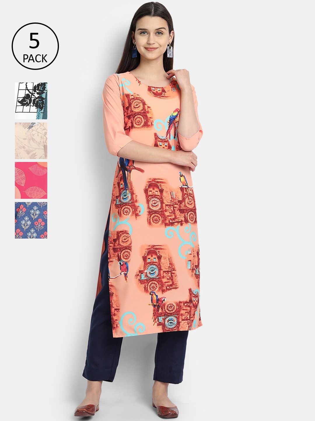 

7Threads Pack of 5 Women Printed Crepe Kurta, Multi
