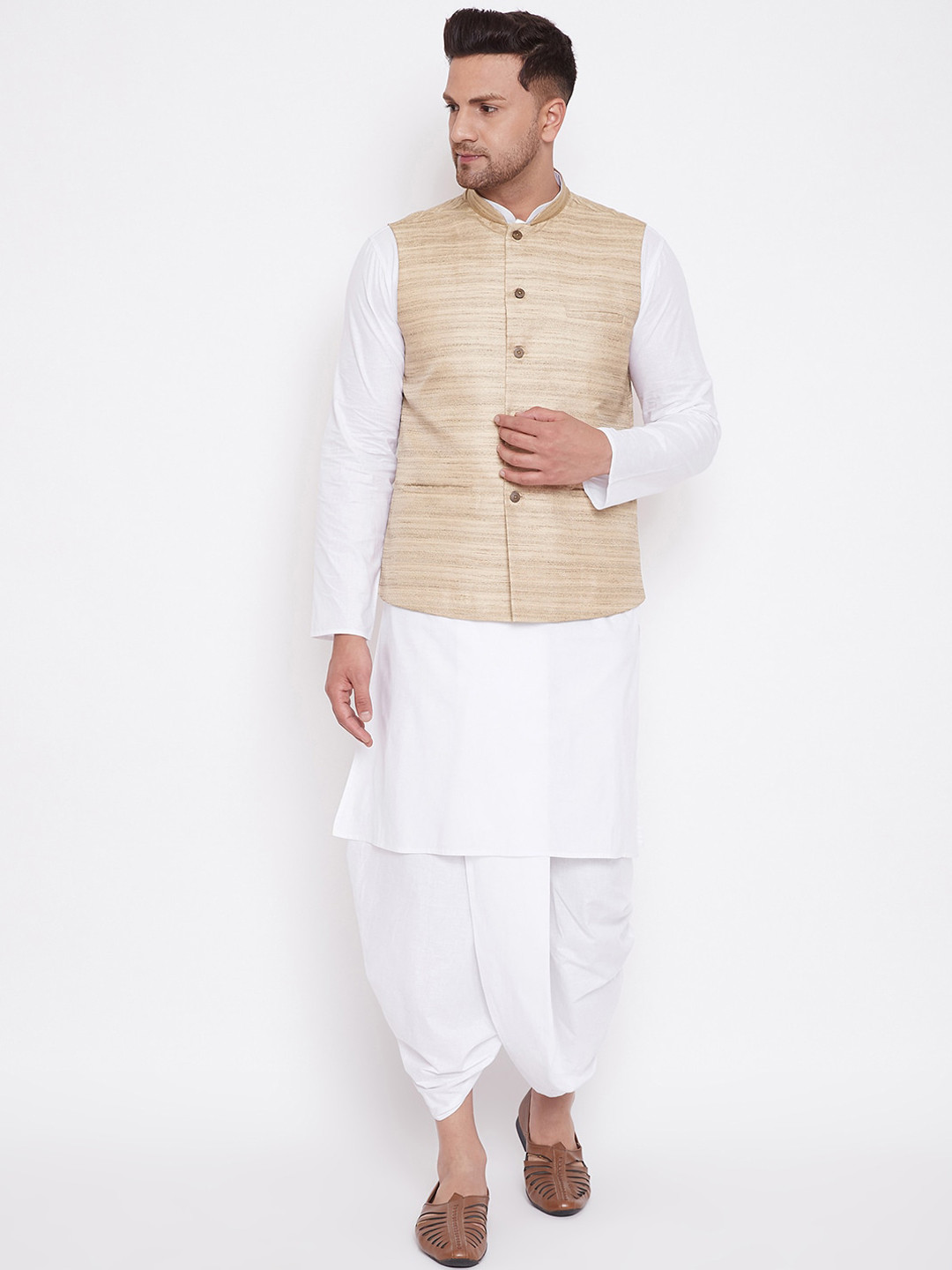 

VASTRAMAY Men White Kurta with Dhoti Pants & Nehru Jacket