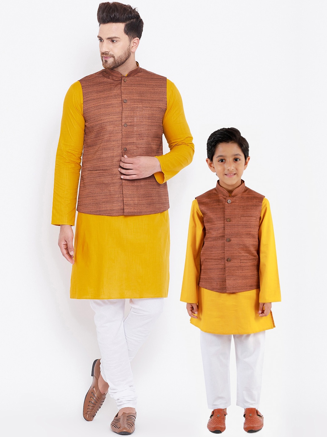 

VASTRAMAY Men Mustard Yellow Kurta with Churidar & Nehru Jacket