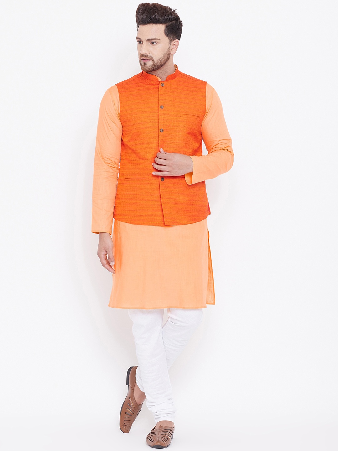 

VASTRAMAY Men Orange Kurta with Churidar & Nehru Jacket