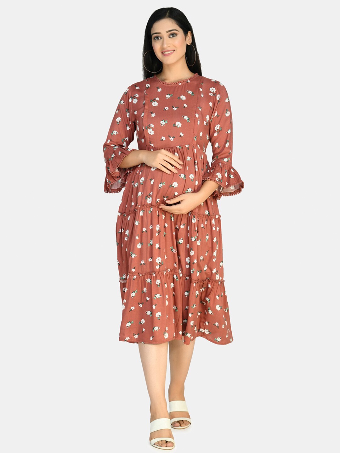 

Aaruvi Ruchi Verma Brown Floral Maternity Midi Dress