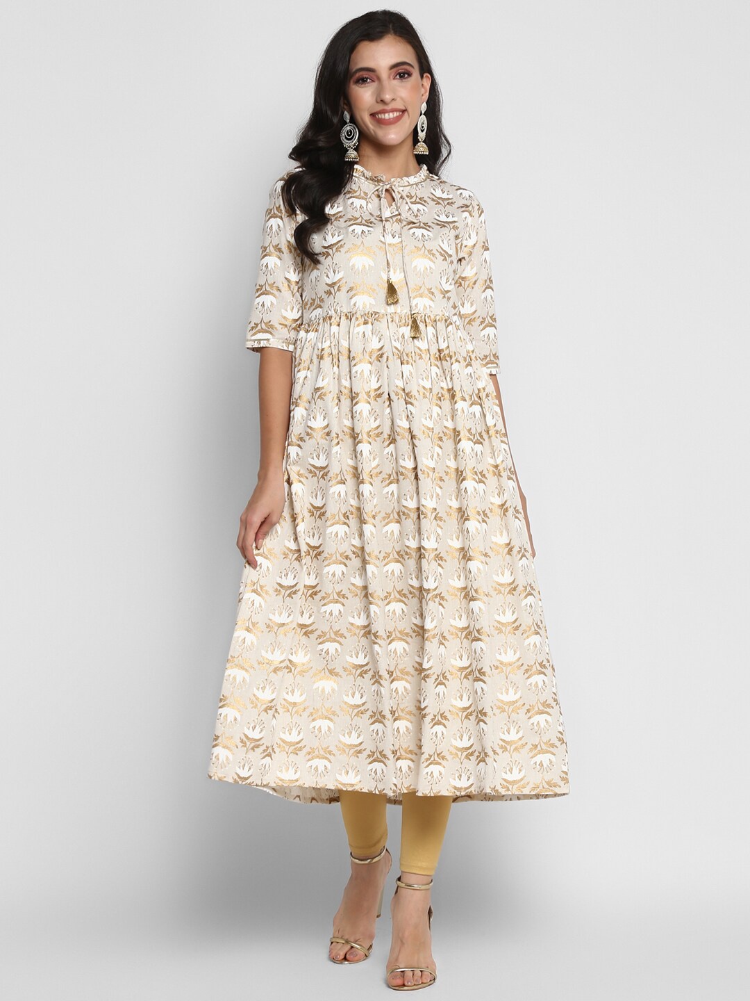 

VAABA Cream-Coloured & Gold-Toned Ethnic Midi Dress