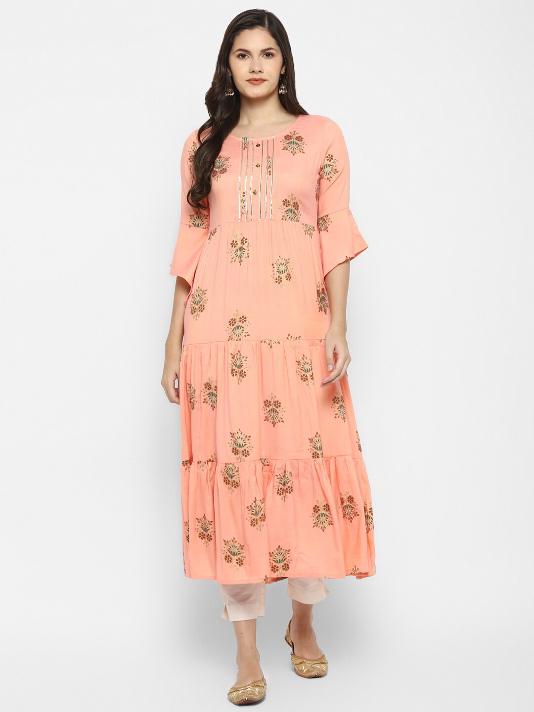 

VAABA Peach-Coloured Floral Ethnic A-Line Midi Dress