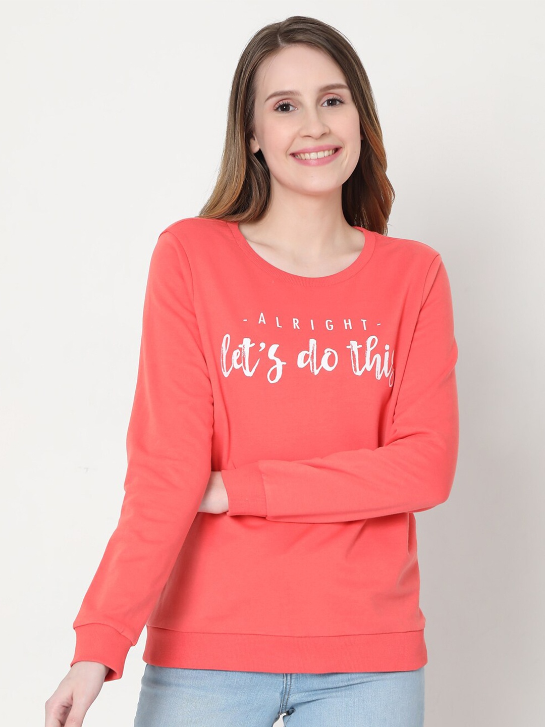 

Vero Moda Women Coral Pink Printed Sweatshirt