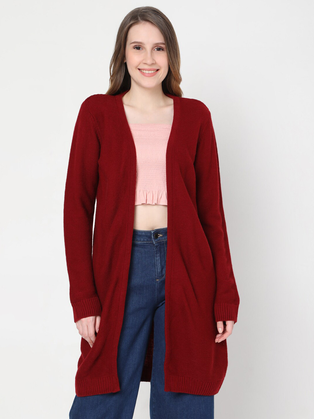 

Vero Moda Women Red Self Design Acrylic Longline Cardigan