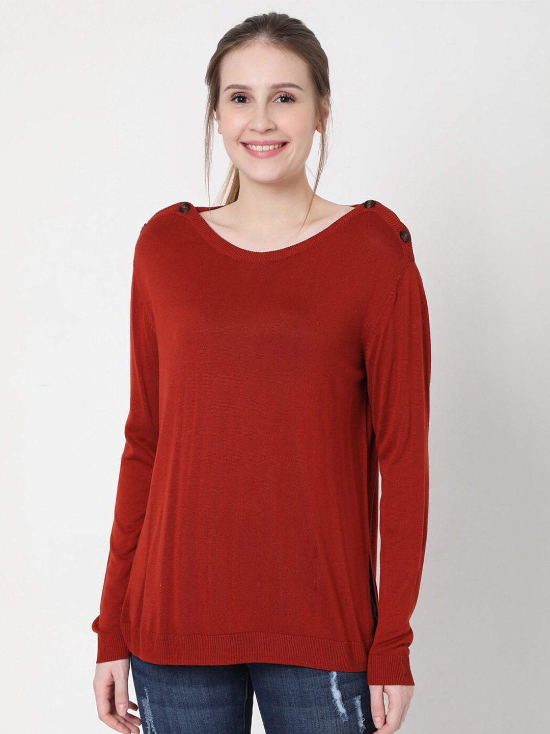

Vero Moda Women Red Longline Cotton Pullover