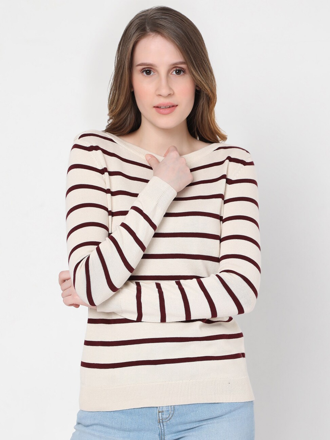 

Vero Moda Women Off White & Purple Striped Cotton Pullover