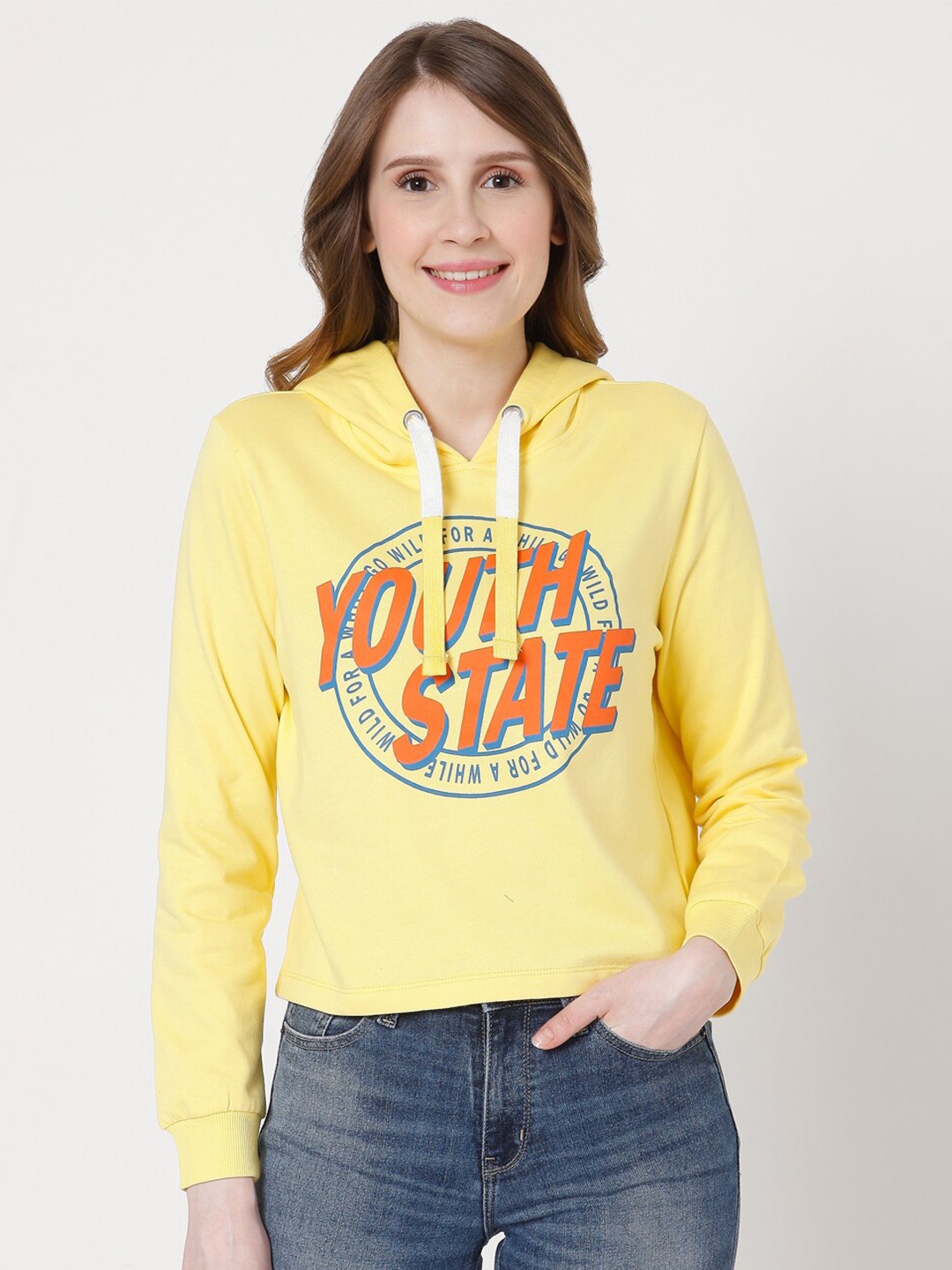

Vero Moda Women Yellow Printed Cotton Hooded Sweatshirt