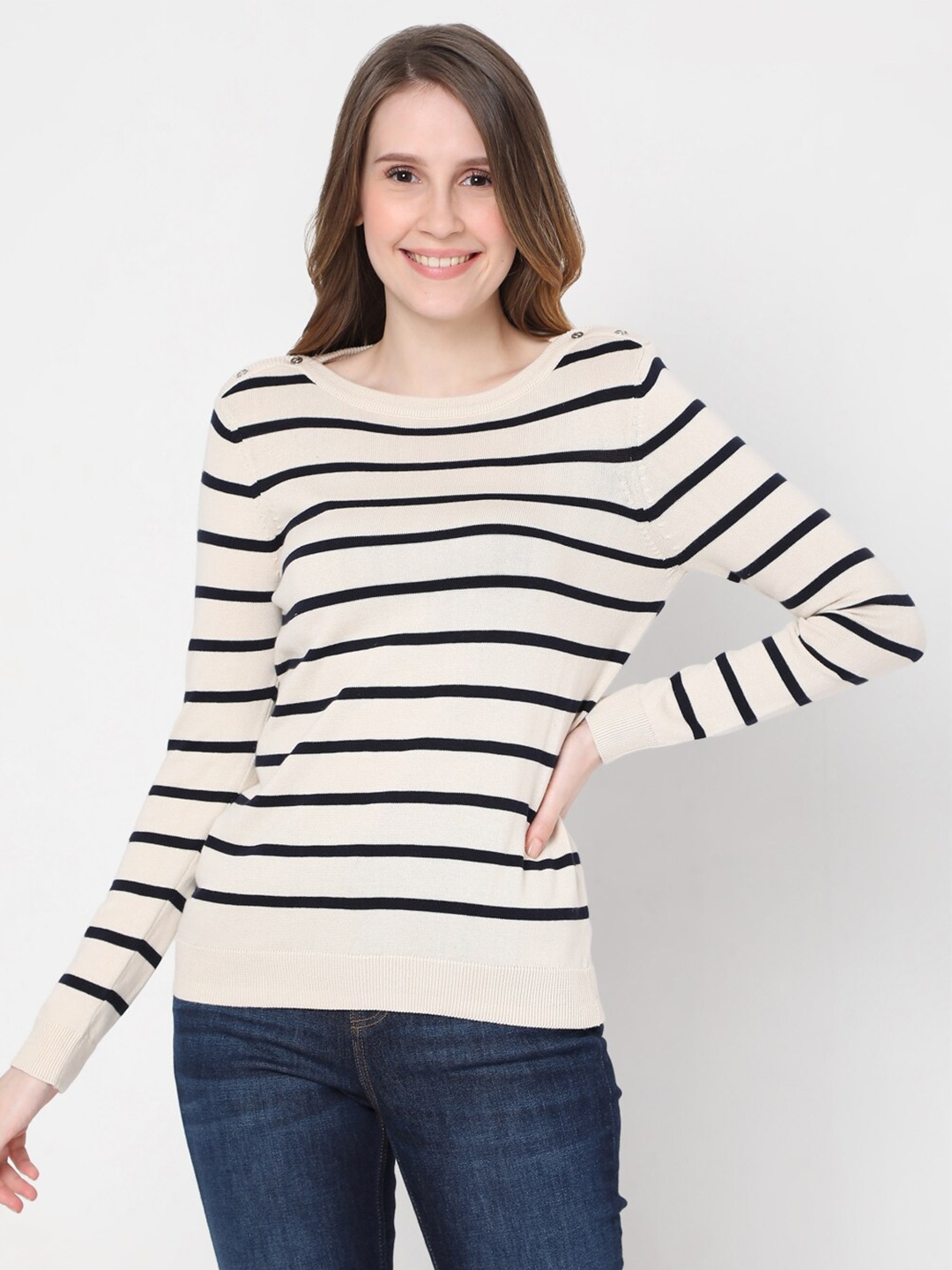 

Vero Moda Women Cream-Coloured & Navy Blue Striped Pullover