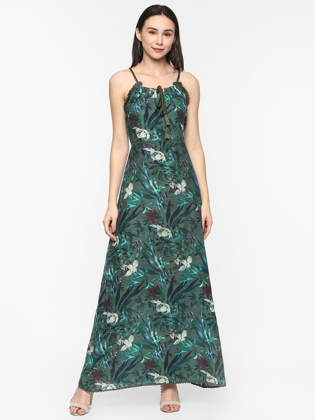 

Porsorte Green Tropical Cotton Maxi Dress