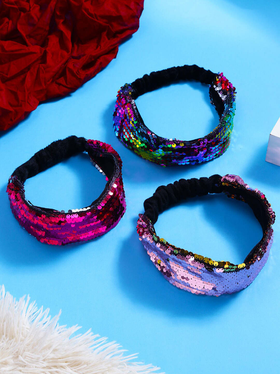 

Yellow Chimes Girls Set of 3 Multi Reversible Sequin Hairbands