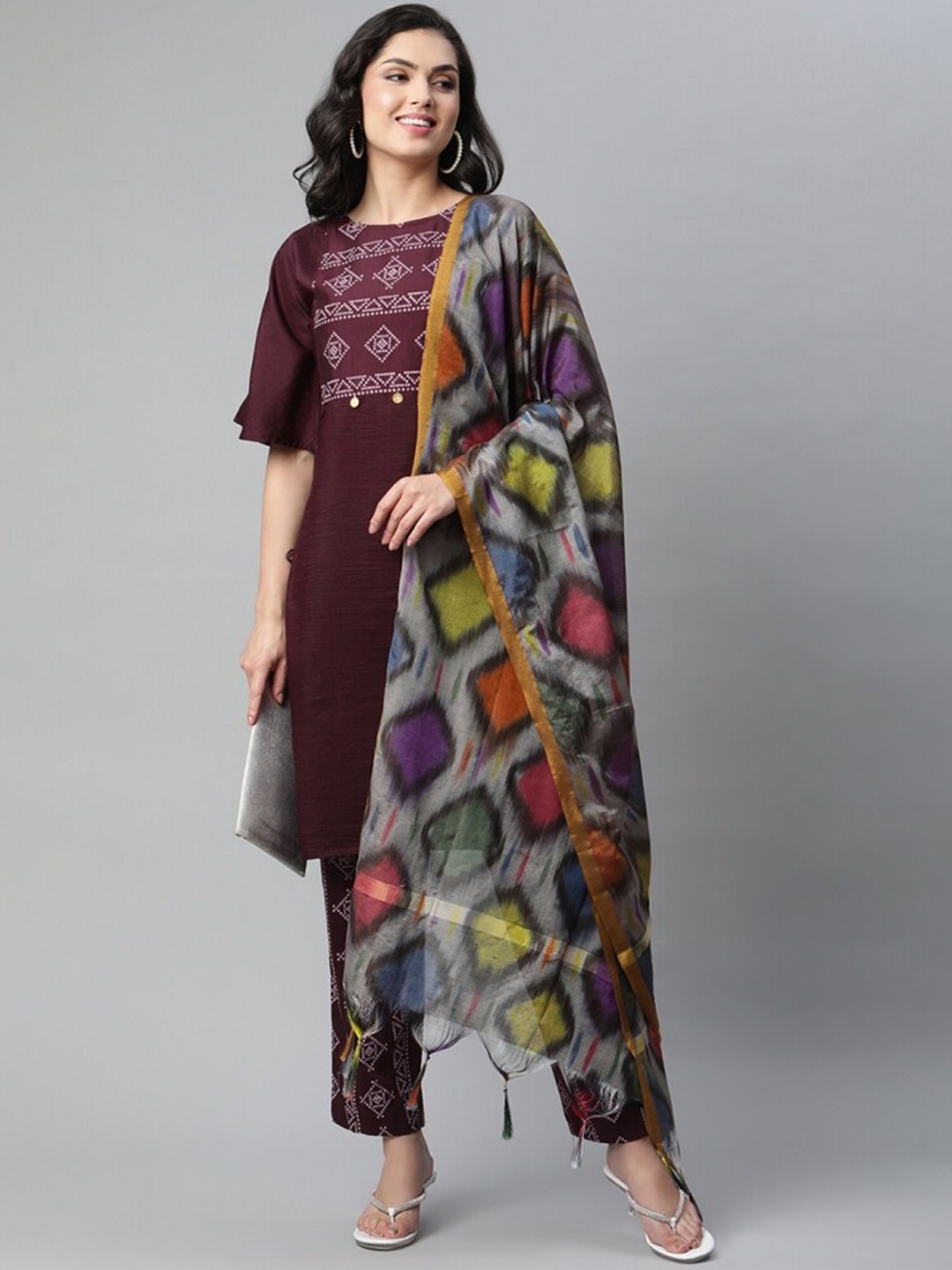

OM SAI LATEST CREATION Women Burgundy Bandhani Yoke Design Kurta with Trousers & Dupatta