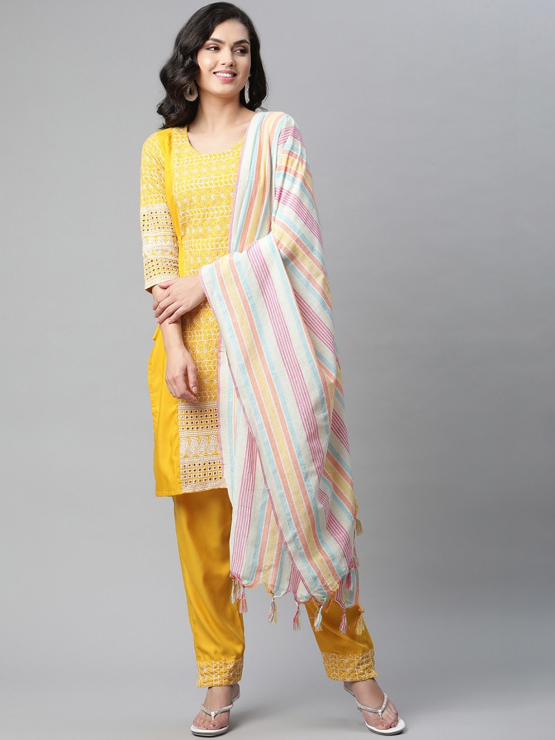 

OM SAI LATEST CREATION Women Yellow Ethnic Motifs Empire Zardozi Kurti with Salwar & With Dupatta
