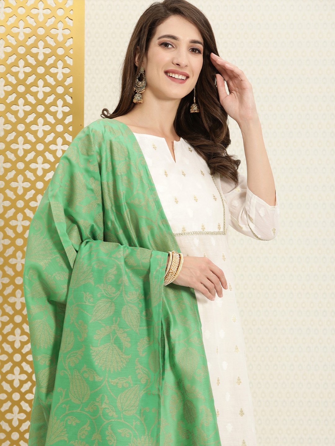 

House of Pataudi Sea Green Ethnic Motifs Printed Poly Chanderi Foil Print Dupatta