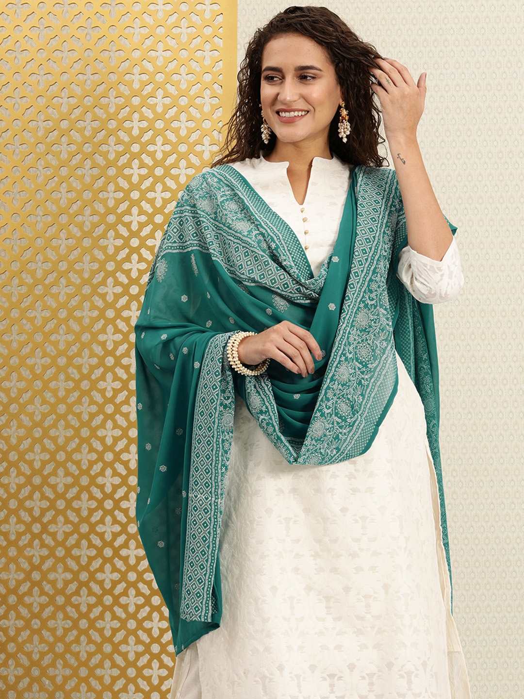 

House of Pataudi Teal Blue Ethnic Motifs Woven Design Dupatta