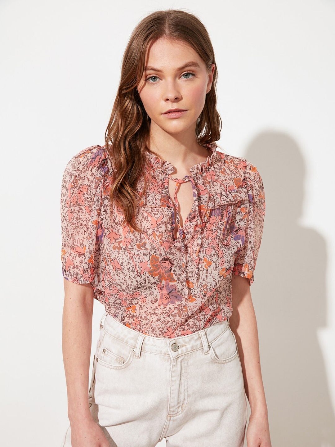 

Trendyol Multicoloured Floral Print Tie-Up Neck Top, Multi