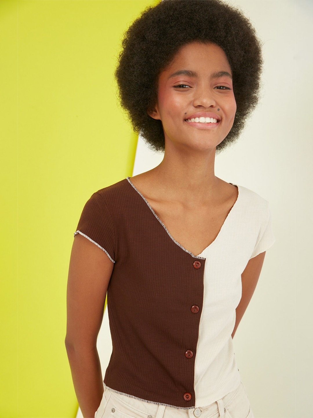 

Trendyol Brown & Beige Colourblocked Top