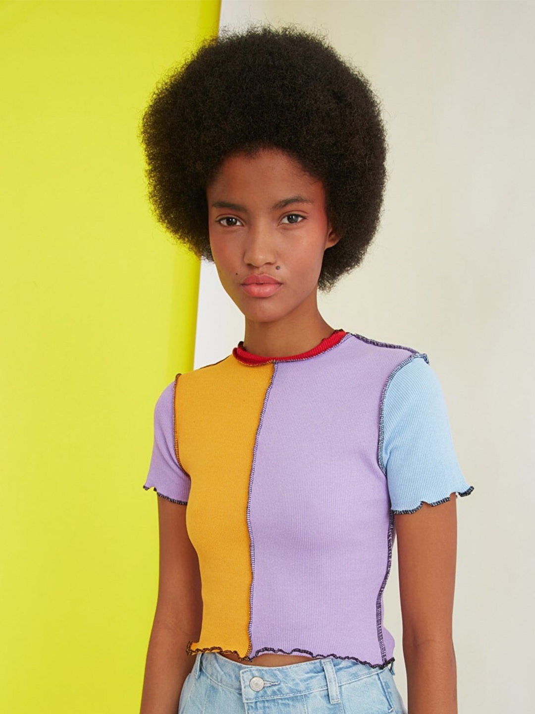 

Trendyol Purple & Mustard Colourblocked Pure Cotton Top