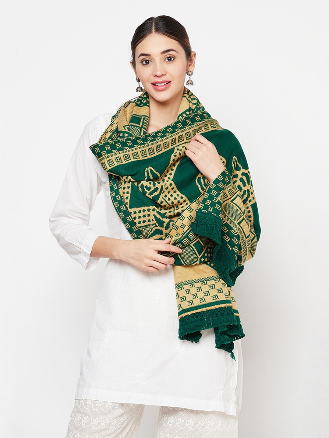 

Safaa Women Green & Yellow Wool Woven Design Stole