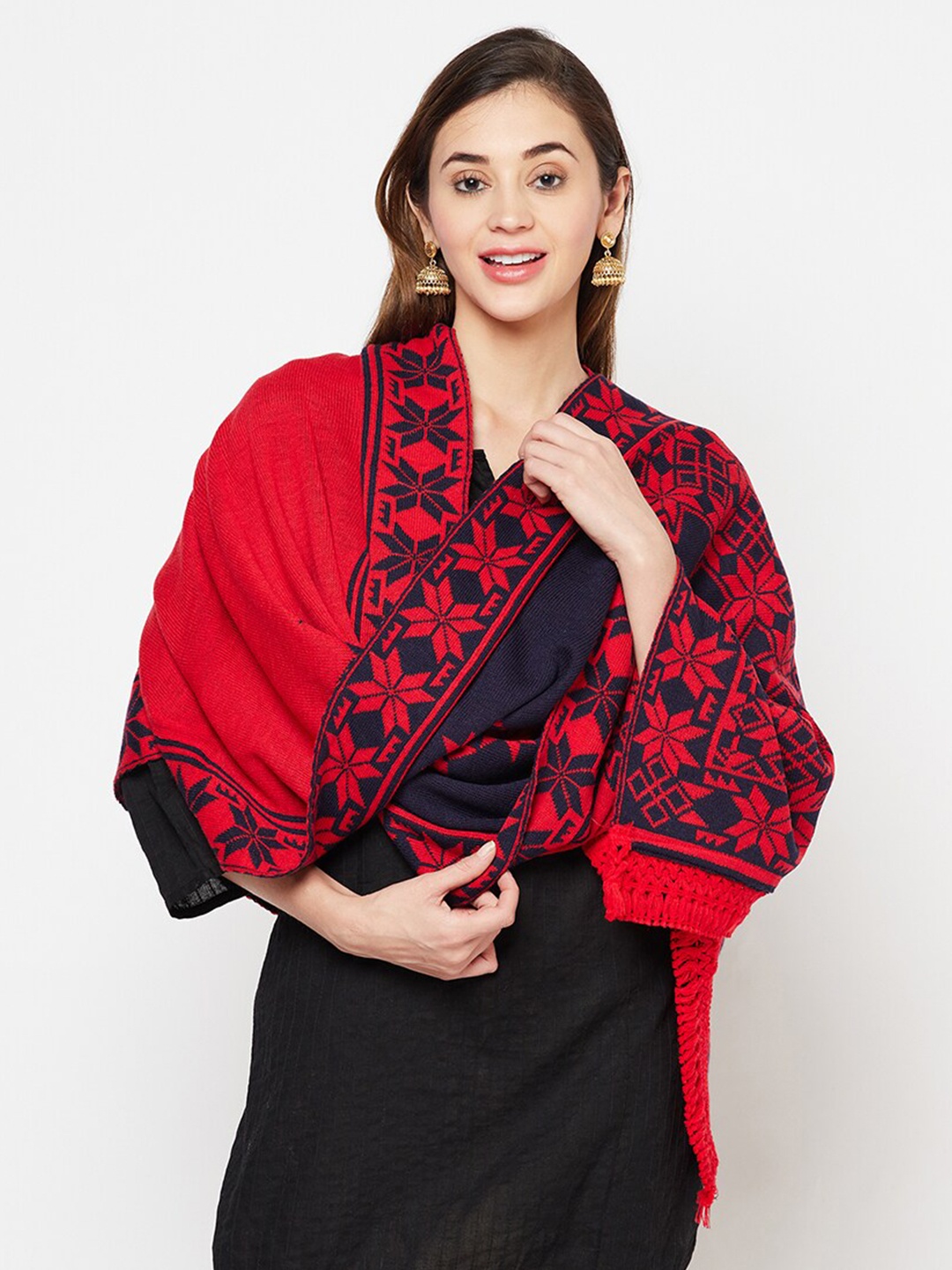 

Safaa Women Navy Blue & Red Woolen Woven Design Woolen Stole