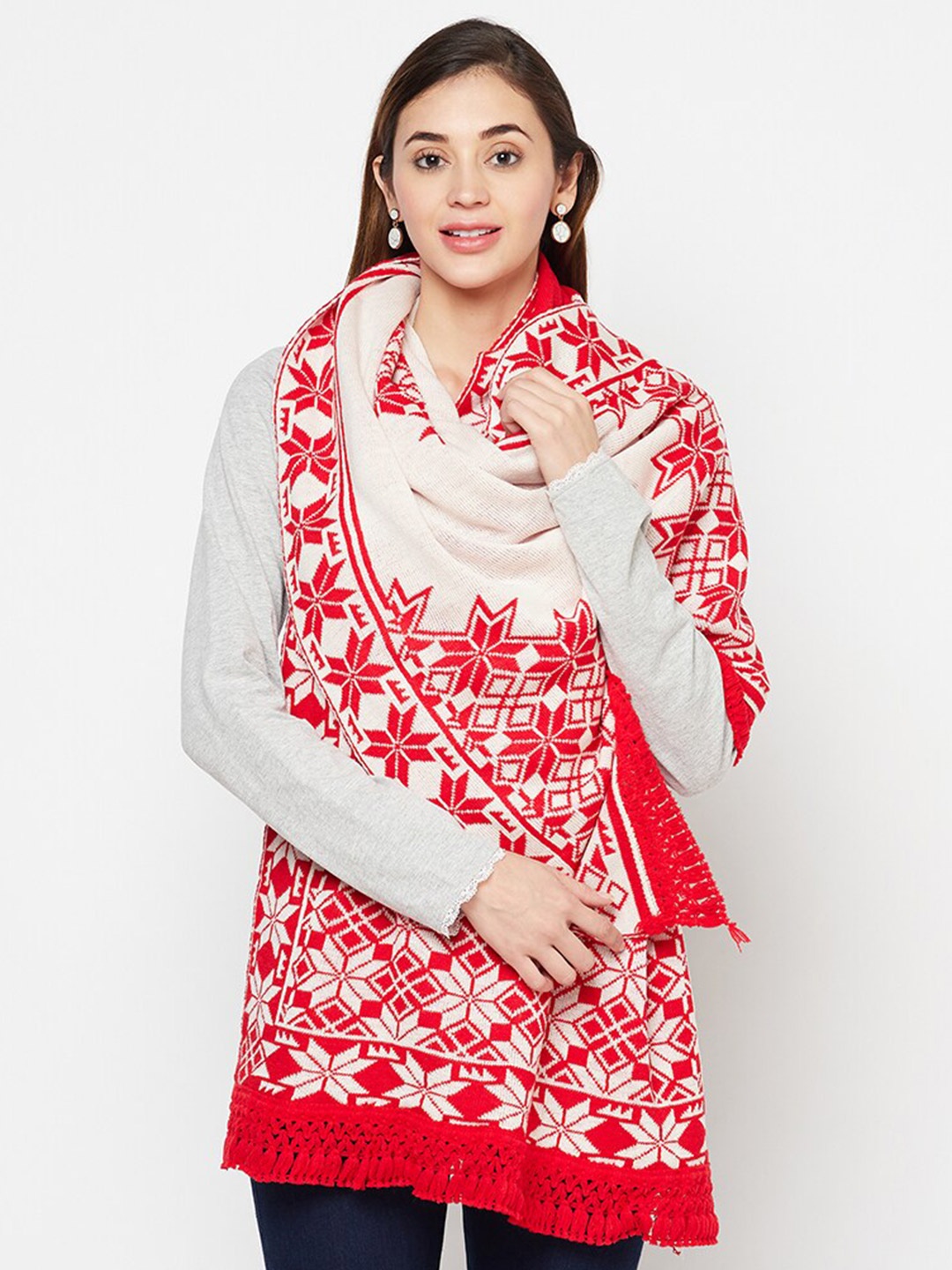 

Safaa Women White & Red Woven Knitted Wool Stole