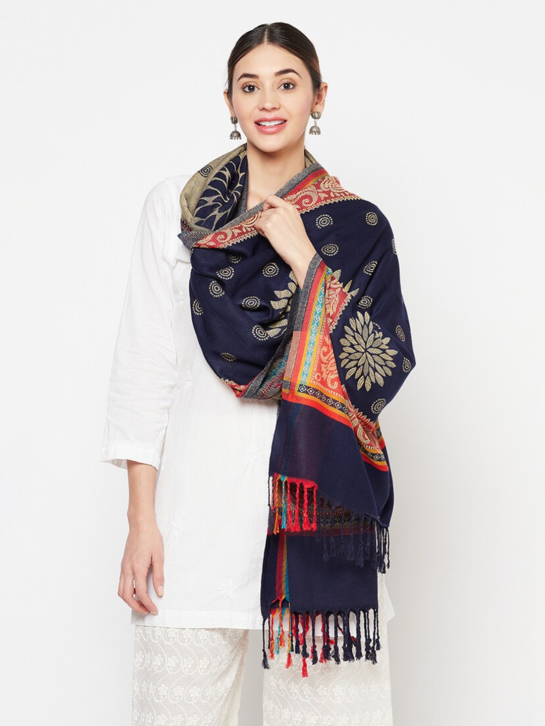 

Safaa Women Navy Blue & Red Woven Design Acrylic Stole