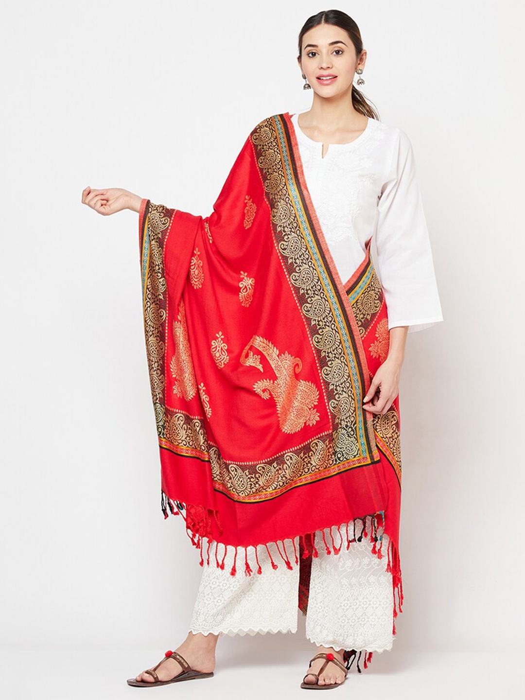 

Safaa Women Red & Green Woven Design Stole