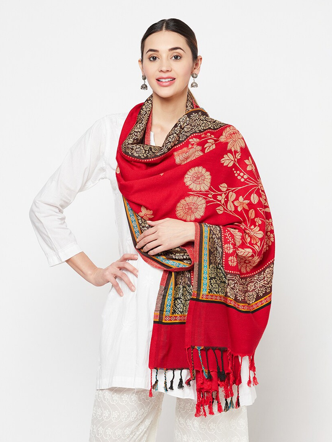 

Safaa Women Red & Beige Woven Design Wool Stole