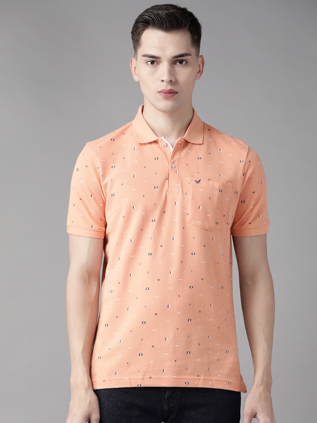 

Blackberrys Men Peach-Coloured Pure Cotton Printed Polo Collar T-shirt