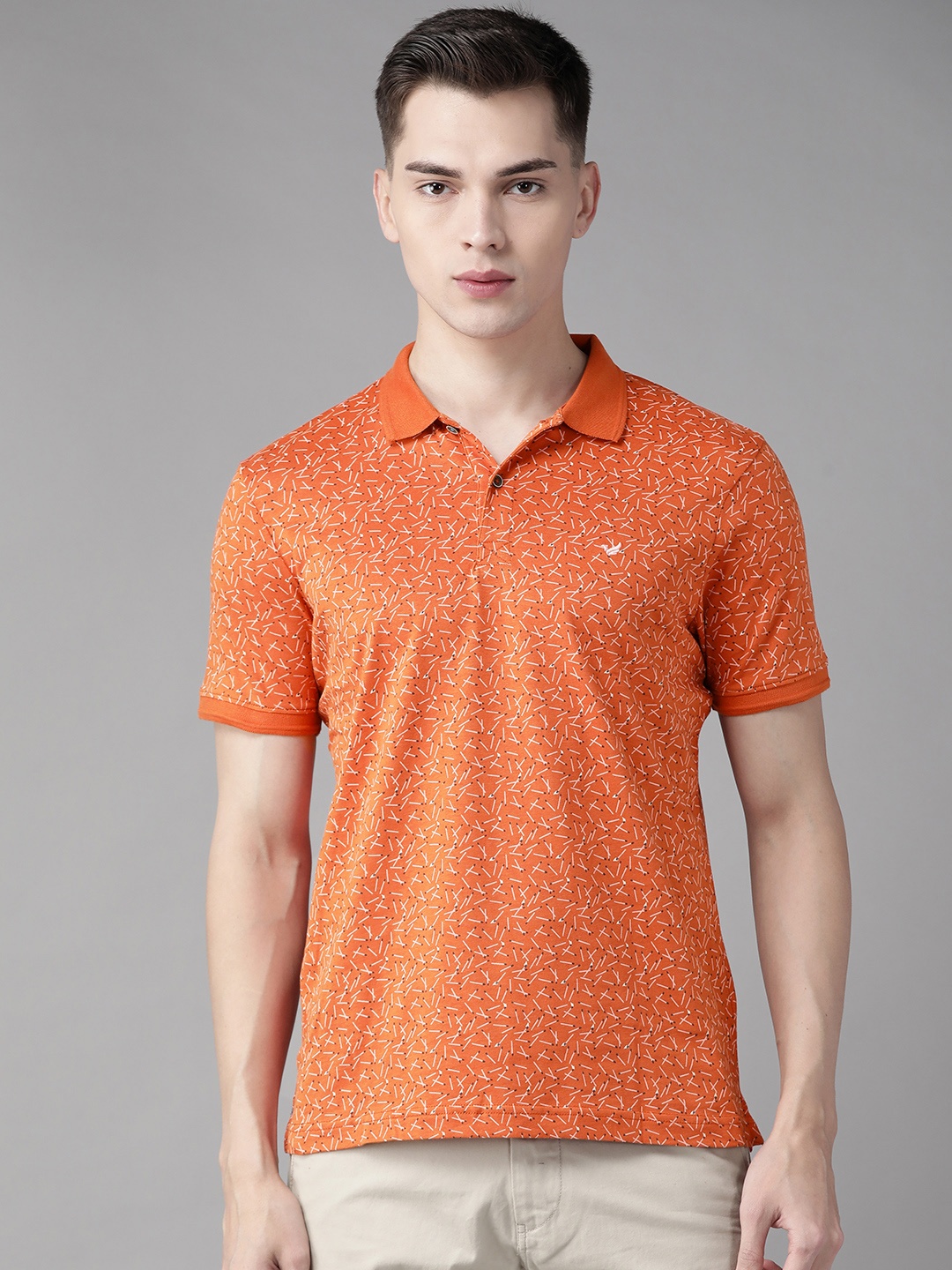 

Blackberrys Men Rust Pure Cotton Matchstick Printed Polo Collar T-shirt